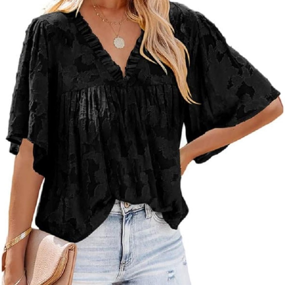 Black Flutter Sleeve Ruffled Blouse